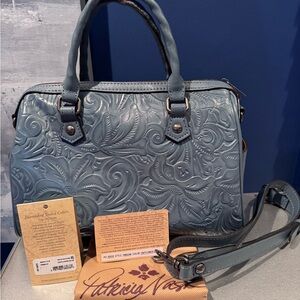 Patricia Nash Skye blue tooled leather satchel convertible bag. New with tags.